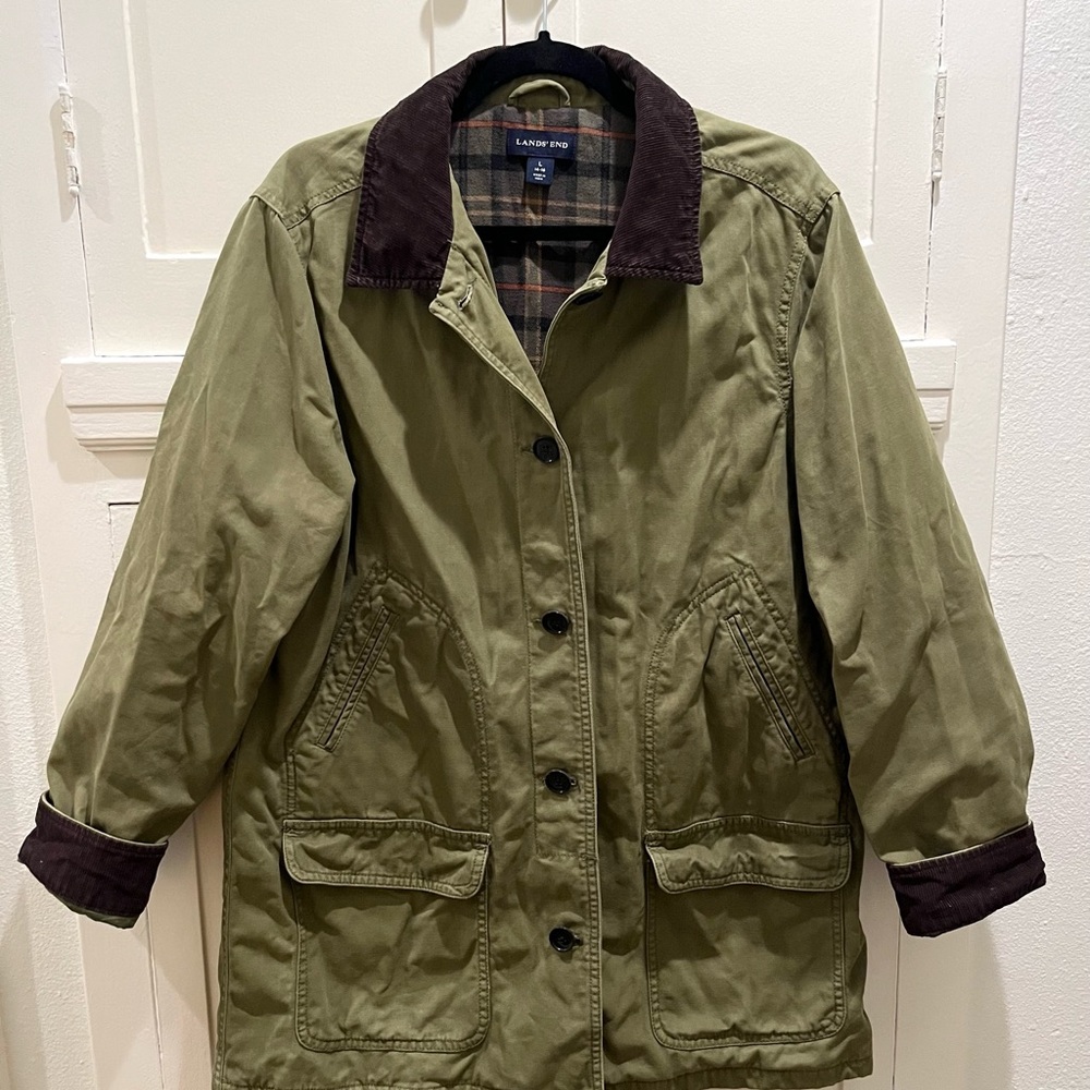 Vintage 90’s Lands' End Barbour Barn Green Khaki Jacket with Brown Corduroy Trim - Picture 4 of 4